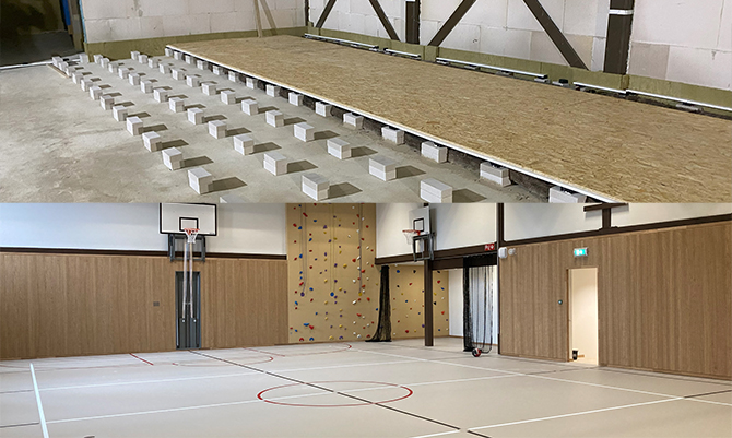 Akoestische ontkoppelde zwevende vloersystemen in sporthallen en gymzalen